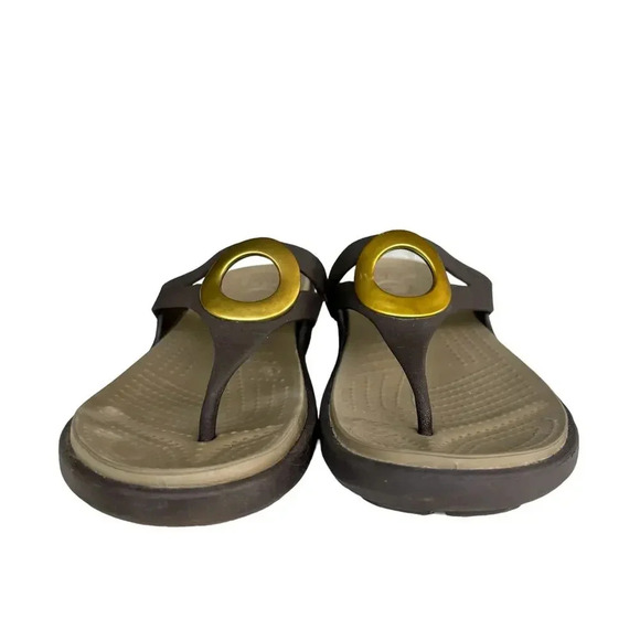 CROCS Women's Sanrah Metallic O-ring Wedge Thong Sandals Espresso Gold Size 10 - Picture 6 of 9
